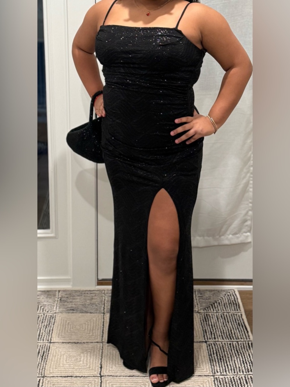 Windsor Black Sparkle Cowl Neck Slit Gown - Picture 3 of 3